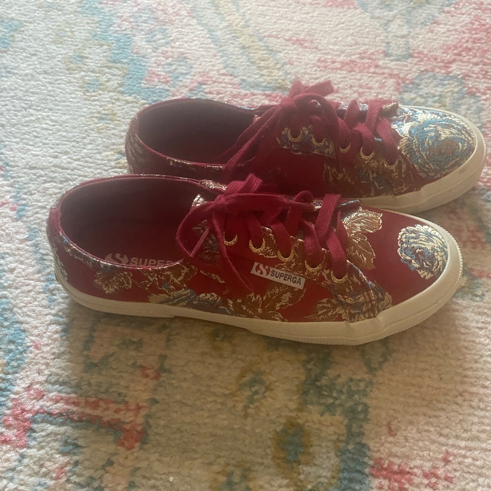 Superga Red Brocade Embroidered Sneakers